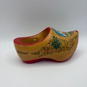 Vintage Holland Wooden Clog Shoe Souvenir • Hand Painted Windmill & Floral Dutch